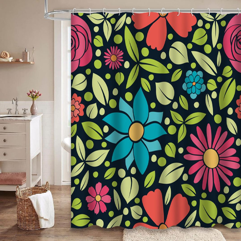 Rideau de douche à motif floral avec 12 crochets, L 72 po x l 84 po