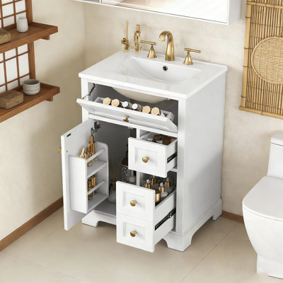 Meuble-lavabo de salle de bain avec lavabo, 3 tiroirs et support de rangement à 2 niveaux