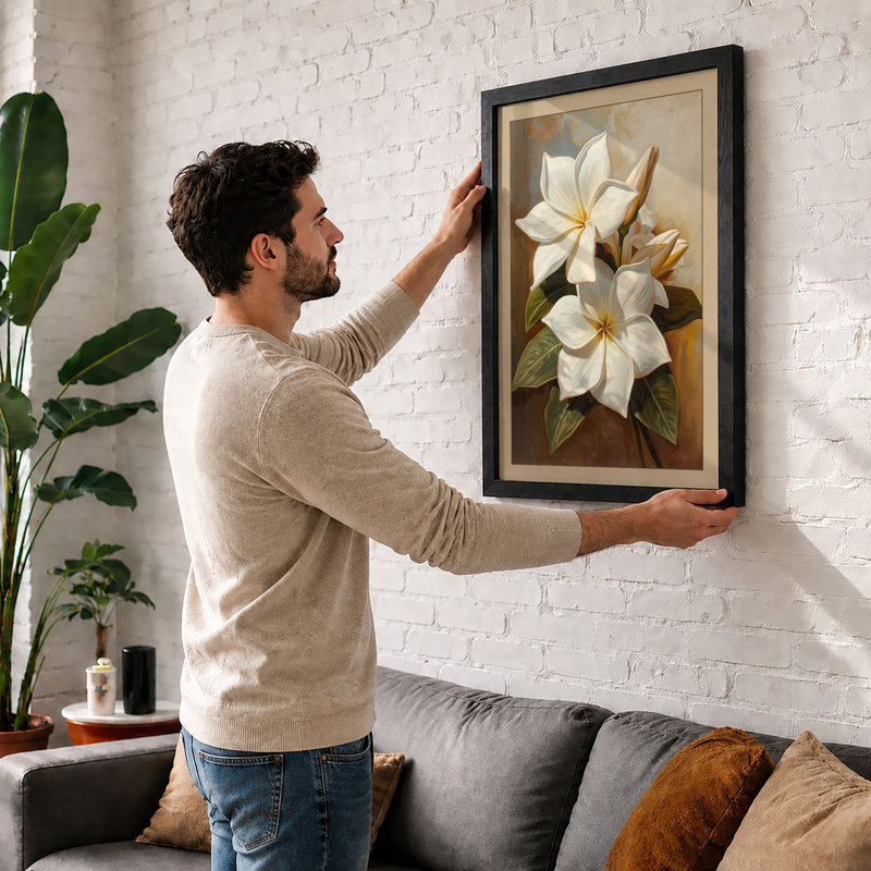 White Magnolia Blooms Botanical - Print, A1 - 84.1 x 59.4 cm, Black