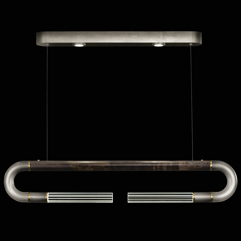 Luminaire suspendu linéaire avec peau Antonia, Ombre argent / laiton / gris anthracite