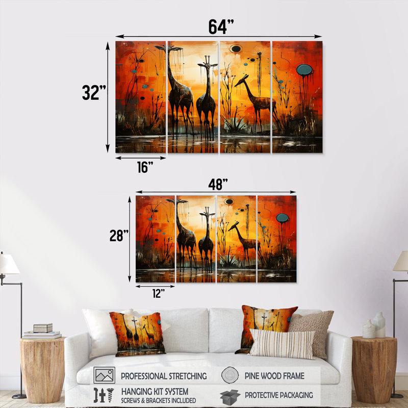 Trois girafes, savane africaine - girafe, art mural 4 pièces, H 28 po x l 48 po