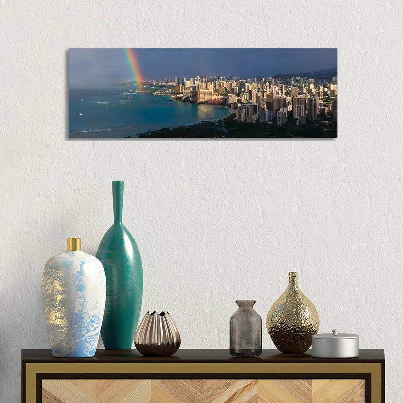 Honolulu Panoramic Skyline Cityscape (Rainbow) - Wrapped Canvas Panoramic Print, 30.48 cm H x 91.44 cm W x 1.91 cm D