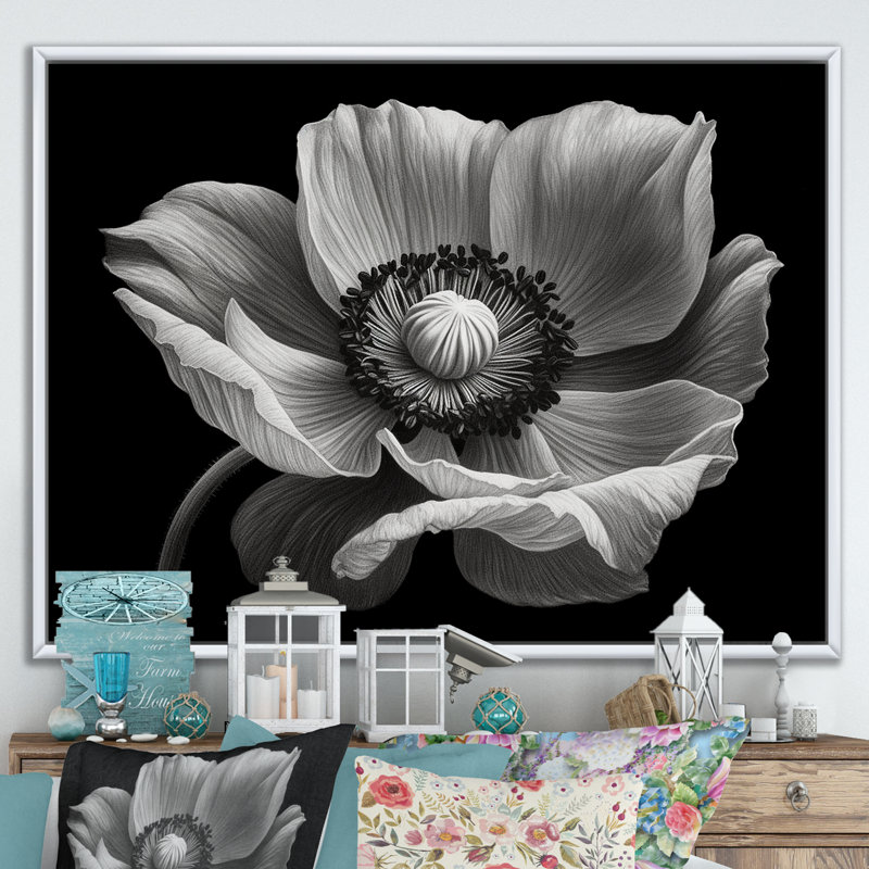 Coquelicots noirs et blancs sur toile, Cadre flottant blanc, H 16 po x l 32 po x P 1 po