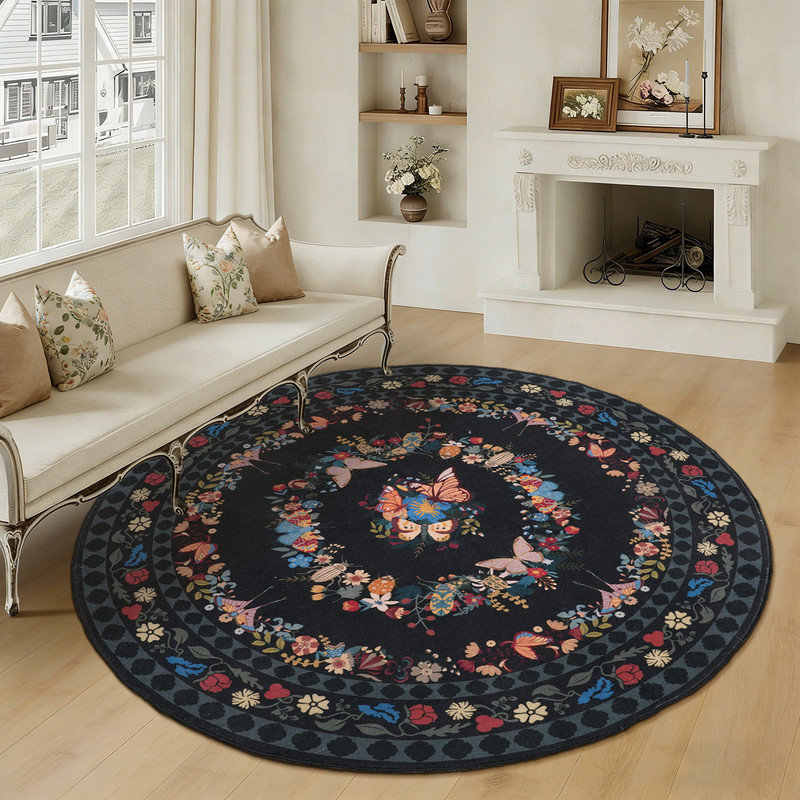Washable Round Butterfly Print Area Rug