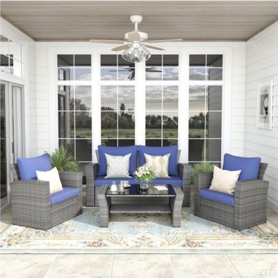 4-Piece Wicker Patio Conversation Set With Glass Table And Cushions