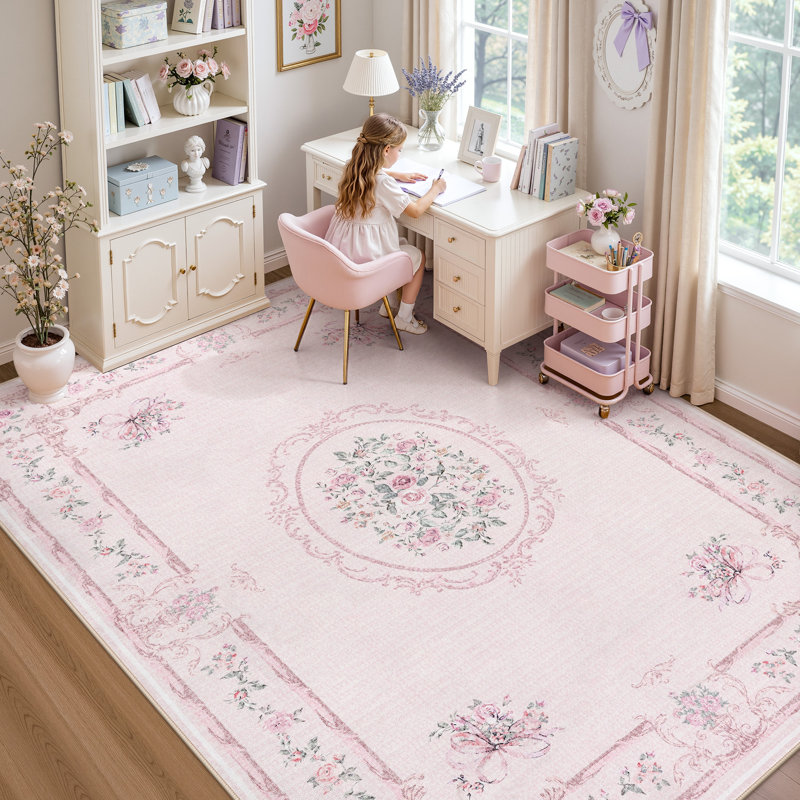 Tapis Boho Vintage, doux, floral, lavable, antidérapant, certifié Oeko-Tex, Light Pink, 9 pi x 12 pi