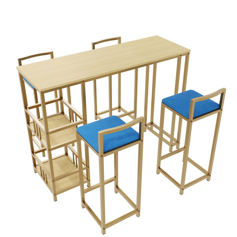 Bar Table And Chair 5 Piece Set, Frame, Multi-Layer Tabletop, Chair Cushion And Backrest Made Of Sponge, Table With Storage Function