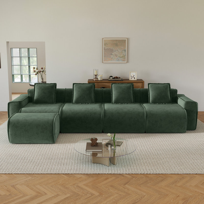 Canapé modulaire modulaire en velours avec repose-pieds, H 31,11 po x l 138,6 po x P 38,23 po, 4, Velours vert