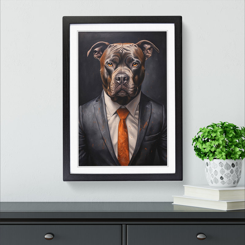 Staffordshire Bull Terrier In A Suit Painting No.4 - Single Picture Frame Print on Wood, Black Framed