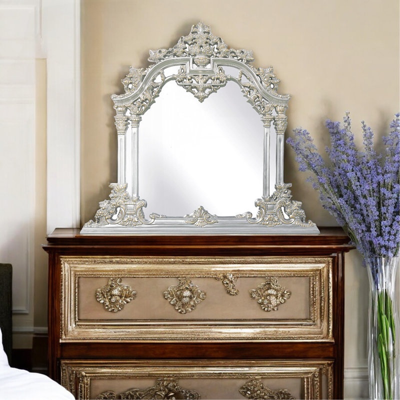 Miroir luxueux en argent antique avec accents dorés brossés à la main et boutons en cristal