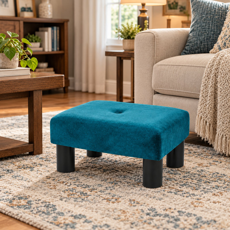 14.5" Modern Velvet Ottoman Footstool For Living Room, Blue Velvet