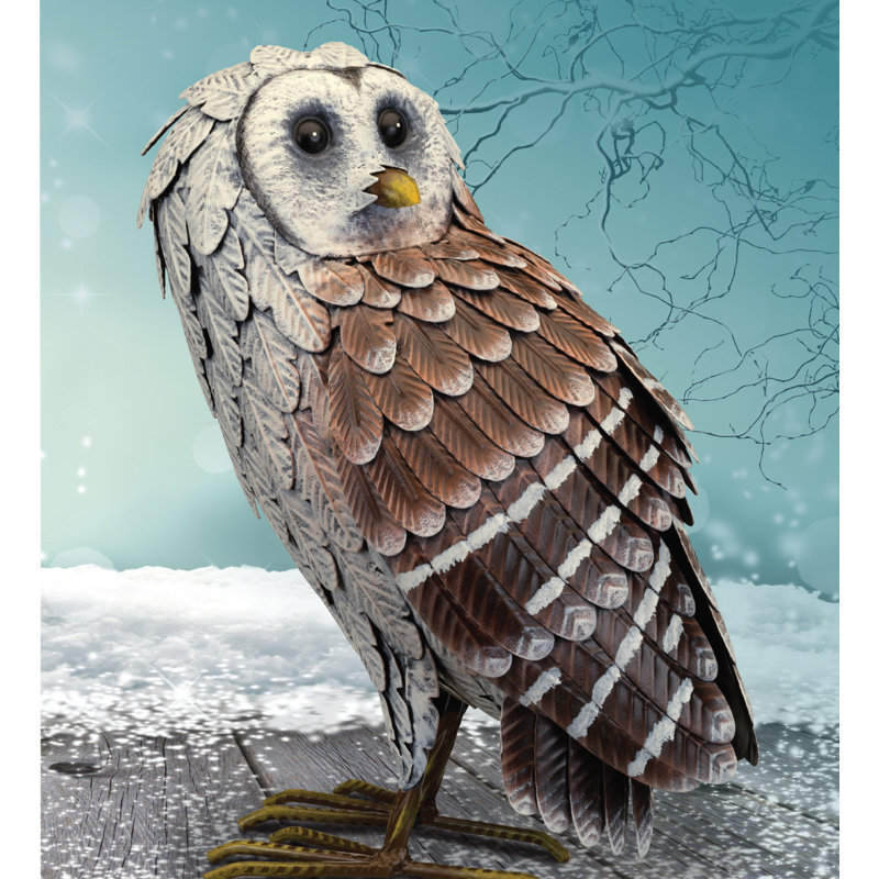 Statue de jardin en métal Barn Owl avec texture de plumes détaillée et finition multicolore résistante aux intempéries, P-M