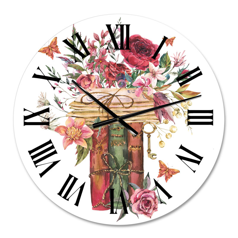 Horloge murale vintage avec livres anciens et fleurs sauvages, Moyen