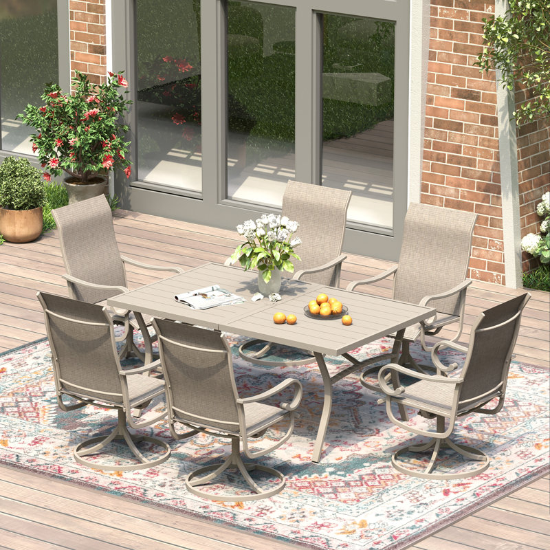 6-Person Patio Dining Set with 63" Rectangular Dining Table and 6 PVC-coated polyester Swivel Chairs, Cream