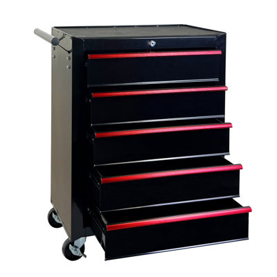 Coffre à outils roulant en métal avec 5 tiroirs, armoire à outils à 5 tiroirs de 20 po avec glissières à roulement à billes, coffre à outils en acier - Noir