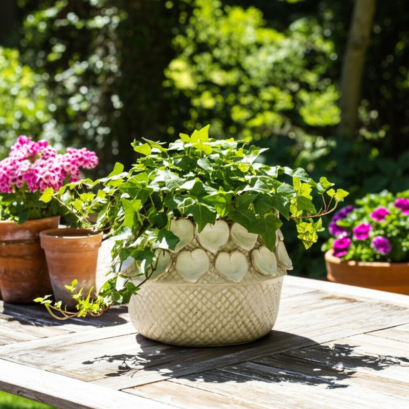 Stylish Ceramic Indoor Planter with Sculptural Heart Detail - Glossy Decorative Accent Pot for Modern Flower Pots - Textured Outdoor Planters and Home Garden Decor