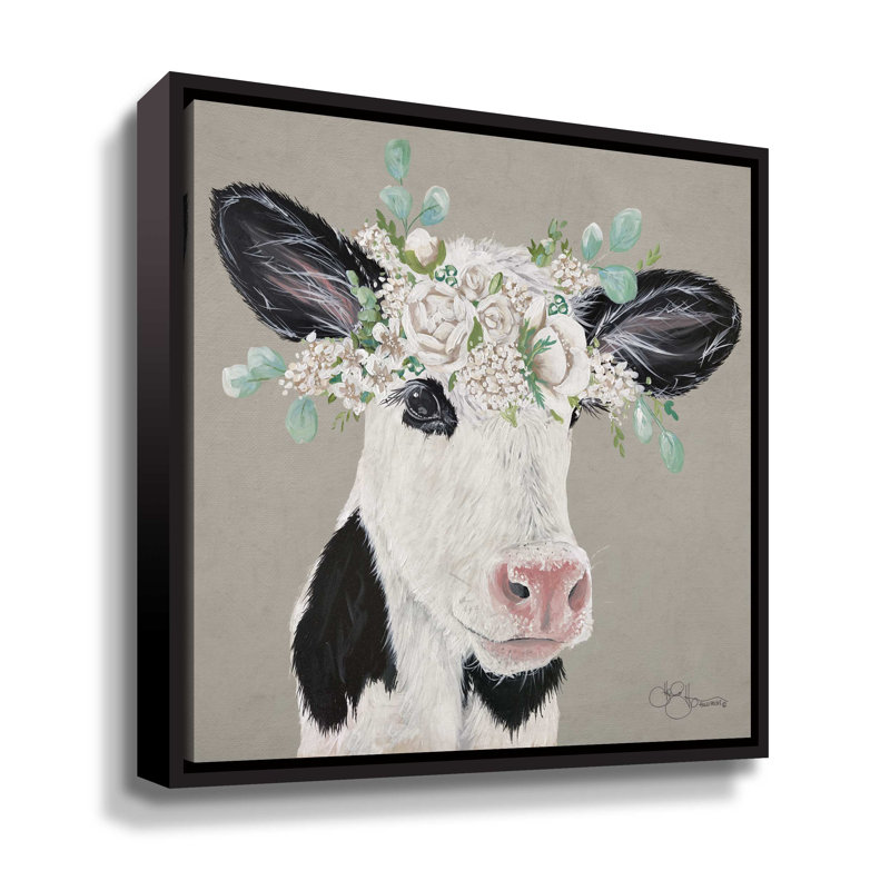 Patience the Cow - peinture sur toile, H 14 po x l 14 po x P 2 po, Toile avec cadre noir