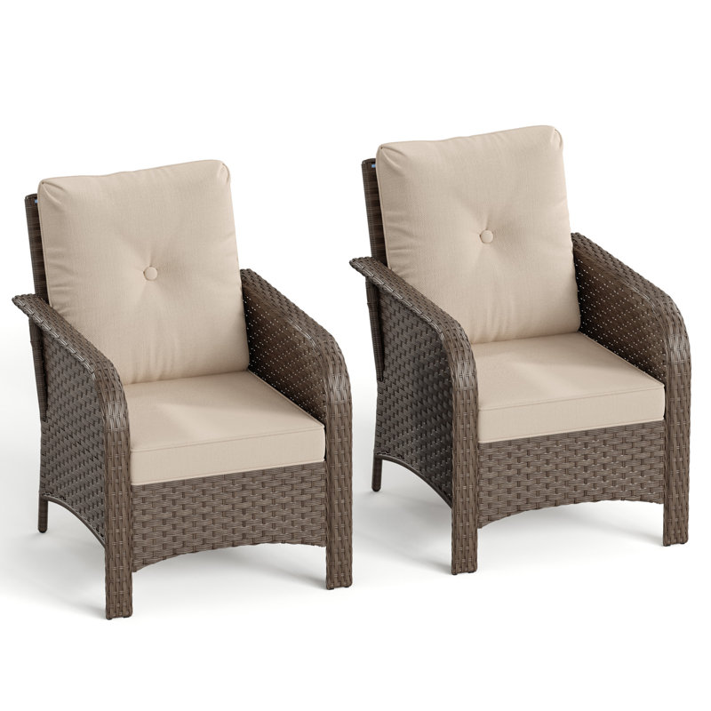 Deux chaises simples d'extérieur en rotin tissé, Kaki