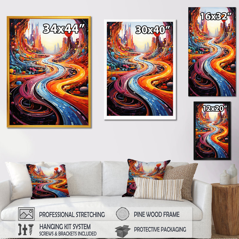 «Colorful Race Traces Of Surréalisme Land 1», art mural, Cadre doré simple, H 40 po x l 30 po x P 1,5 po
