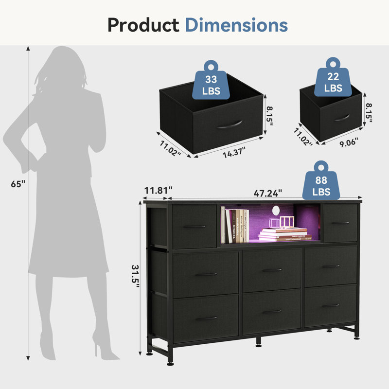 Multi-Functional TV Stand with 8 Drawers & LED Lights, Black
