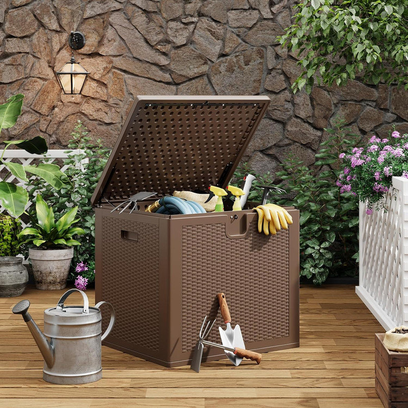 80 Gal Waterproof Resin Deck Box with Rattan Texture, Lockable UV-Resistant Storage for Patio, Garden & Indoor Use, Brown