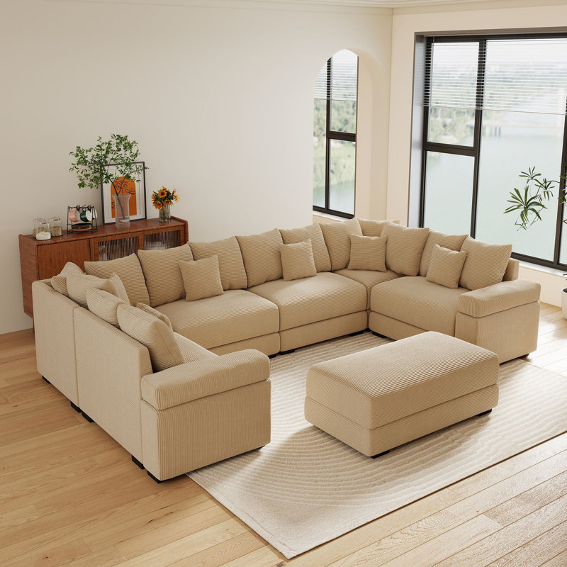 7-Piece 137.9" Wide Modular Sectional Sofa Oversized Corduroy Deep Seat Cloud Corner Couch With 46" W Movable Ottoman & Pillows