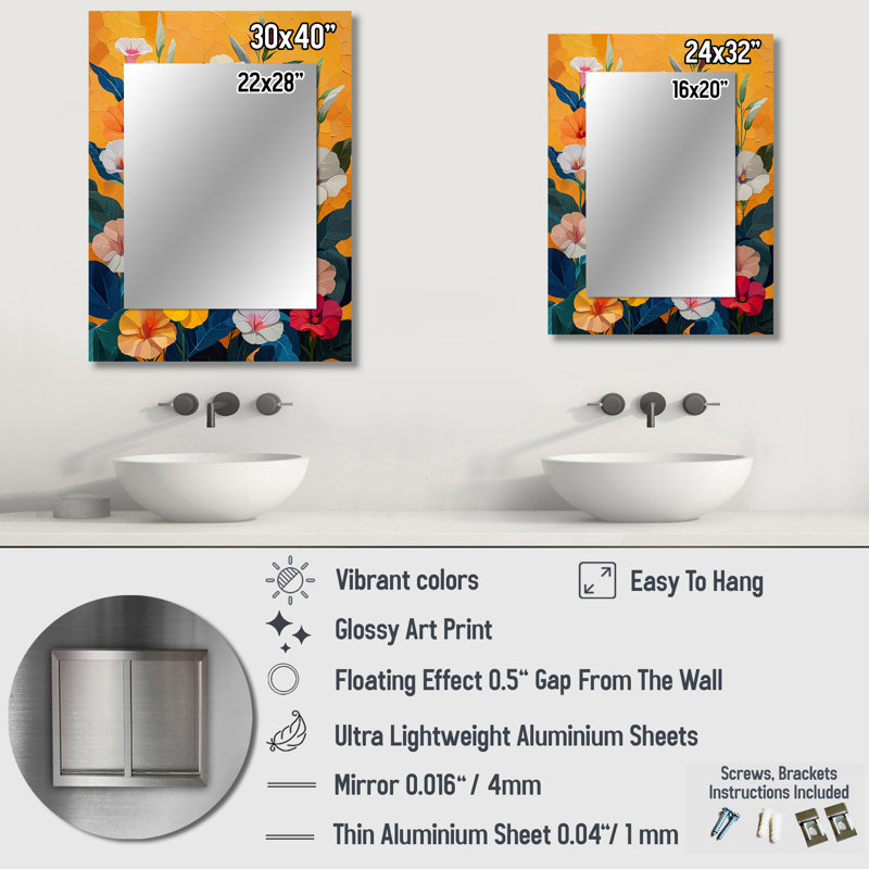 Orange blanc vibrant jardin Morning Glory - miroir de gloire du matin, miroir mural décoratif traditionnel, impression d'art en métal