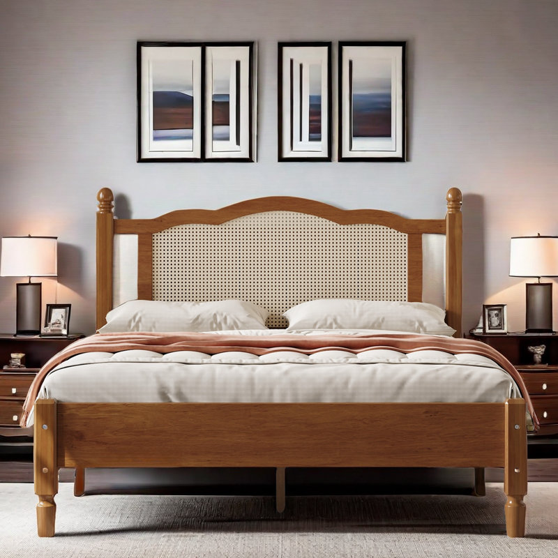 Bohemian Wooden Platform Bed With Natural Rattan Headboard And Arc Design, Walnut, Full