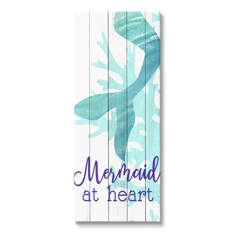 «Mermaid at Heart Saying Calligraphy Turquoise Tail» par Kim Allen - impression, Toile tendue, H 24 po x l 10 po