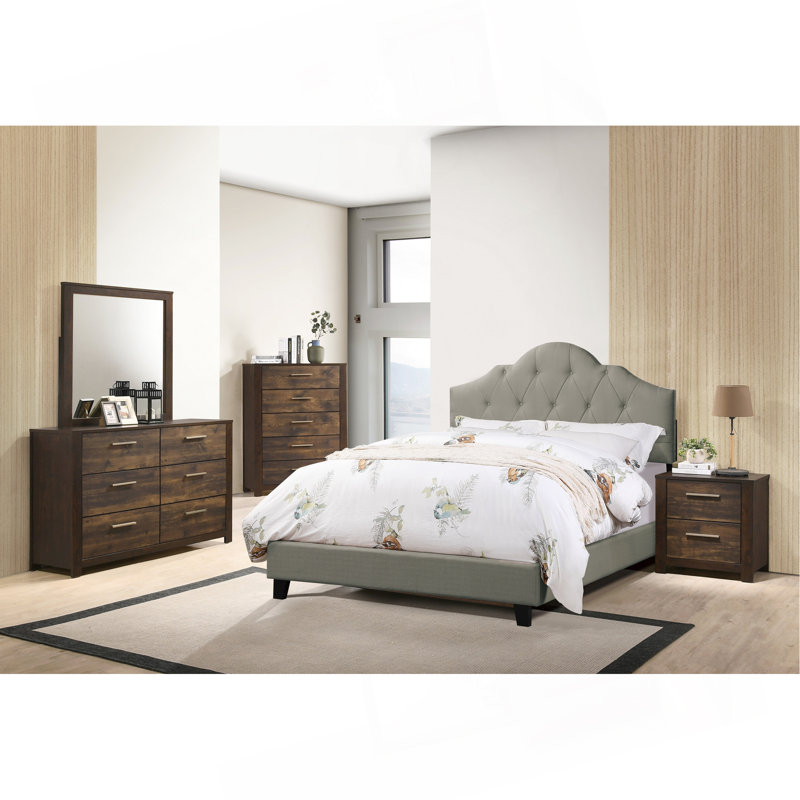 Mobilier de chambre à coucher moderne avec cadre de lit rembourré et rembourré en polyfibre, Grey, Full / Double