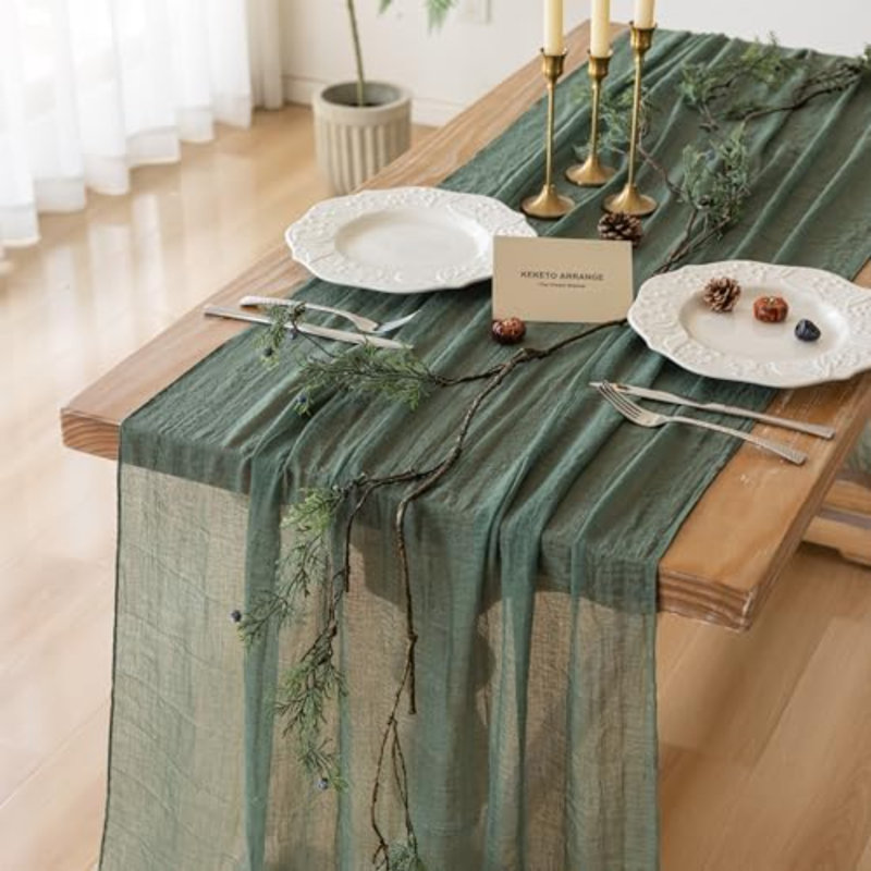 Chemin de table en mousseline vert forêt (lot de 6), 3 mètres, idéal pour les fêtes et la décoration intérieure.