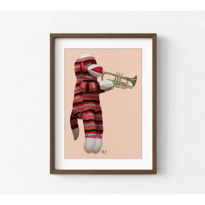 Reproduction de singe musical rouge, art de classe de chaussettes de musique, impression d'affiche de trompette, impression d'affiche de singe mignon