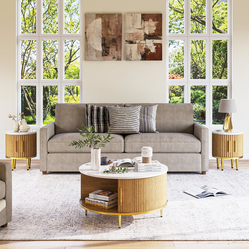 3 Piece Living Room Table Set, With Hidden Storage: Flip-top Lid & Sliding Doors, White, Natural/Gold