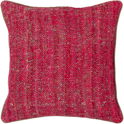 Jute & Wool Blend Removable Cover Pillow Throw Authentic Handmade Square Polyester Fill Pink, Red & Brown Non-Reversible Textured Weave With Khaki Brown Cotton Backing
