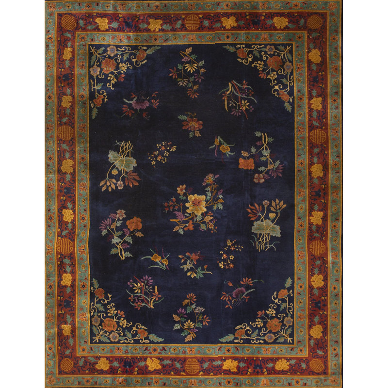 Chinese - Art Deco Rectangle Knotted Antique Wool Room Size Blue 1920s Rug