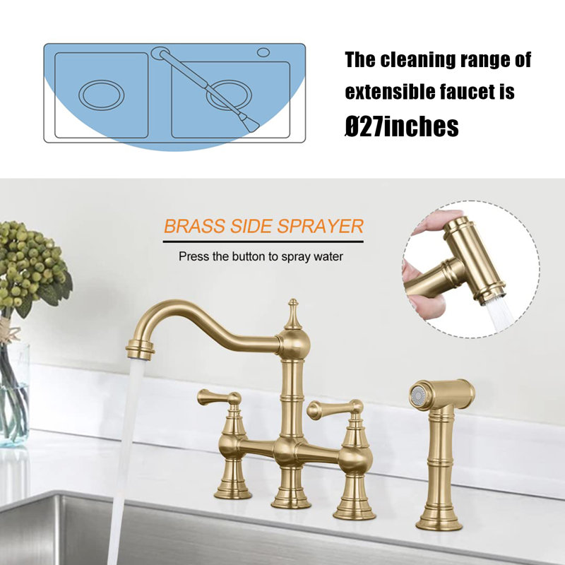 Side Spray Kitchen Faucet, 4-Hole Faucet, 2-Handle Faucet, Vintage Country Kitchen Sink Faucet, Brushed Gold