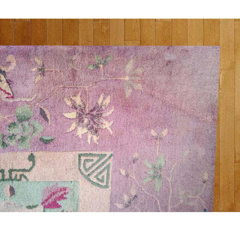 Tapis de style art déco chinois antique floral vert des années 1920 10 pi x 15 pi 6 po