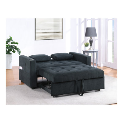 Causeuse-lit en velours côtelé noir L 57 po avec porte-gobelets, ports USB, poches pour magazines, coussins, capitonnage Luelle
