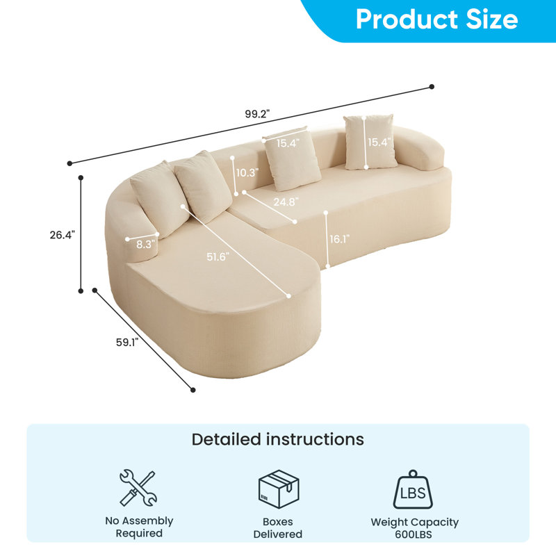Canapé modulaire courbé en chenille avec 4 coussins en mousse à ressorts d'une capacité de 600 lb, Beige