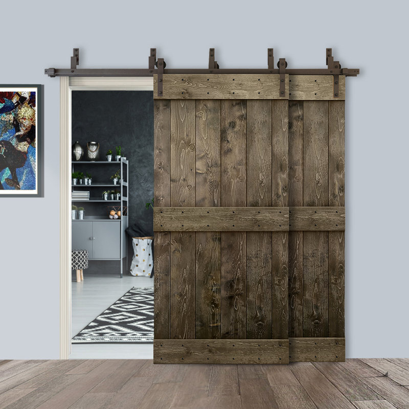 Porte de grange double à panneaux en bois teinté à panneau Mid-Bar, 40 po x 84 po, Espresso