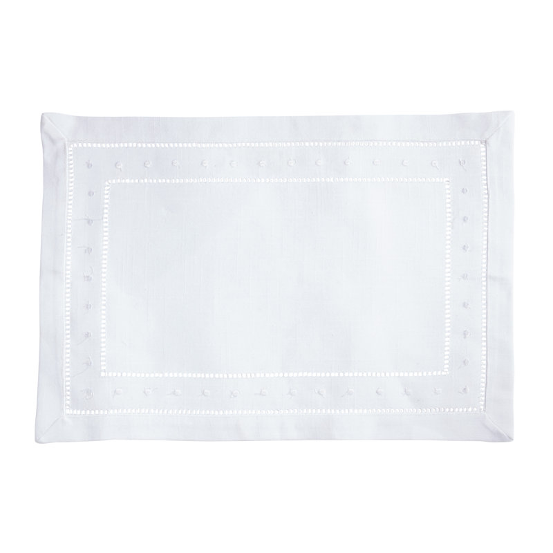 White Hemstitch Embroidered Polyester Rectangle Placemats, Set of 12