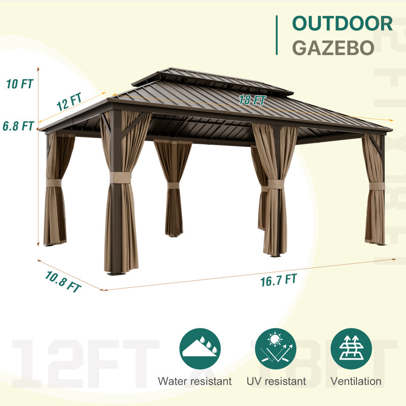 Hardtop Double Roof Aluminum Patio Gazebo with Netting & Curtains, 114''H x 216''W x 144''D