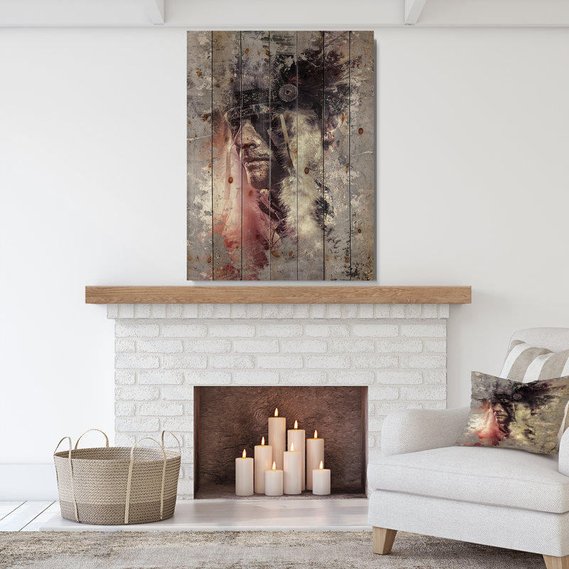 «Native American Indian Warrior», impression, H 40 po x l 30 po x P 1,5 po, Bois
