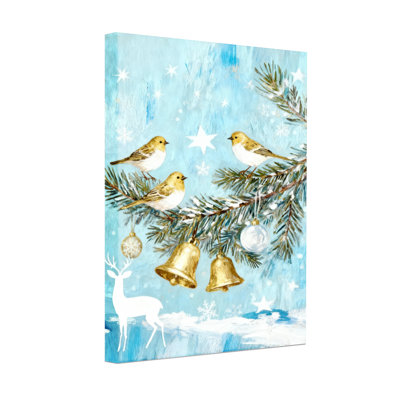 Christmas Winter Birds Bells Deer Snowflakes Stars Branches Set of 3 Canvas Wall Art Prints