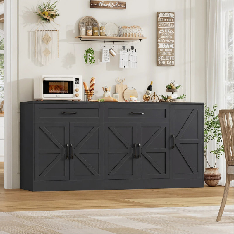 71" Farmhouse Sideboard Buffet Cabinet-Adjustable Shelves, 2 Large Drawers, Door-Mounted Shelf , Black