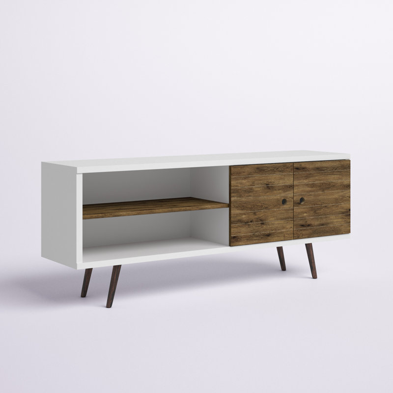 Meuble télé Liberty Mid-Century à 3 tablettes pour téléviseur de 60 po ou moins Liberty, Blanc / Brun rustique