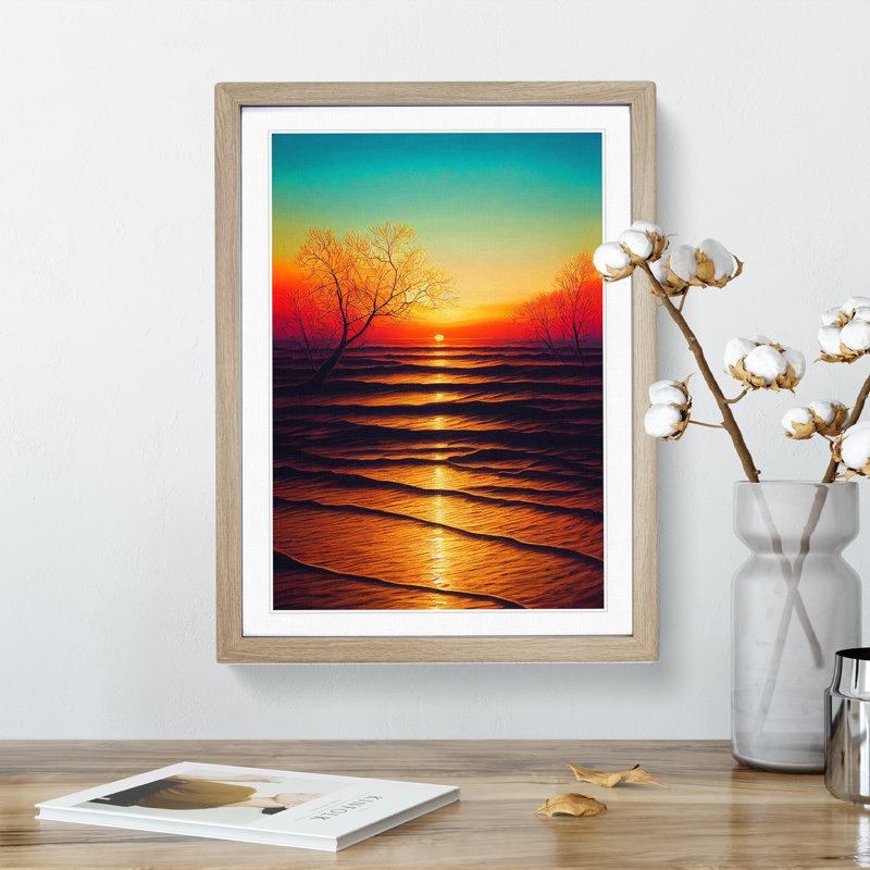 Bright Sunset - Single Picture Frame Print, 34cm H x 25cm W x 2cm D, Oak