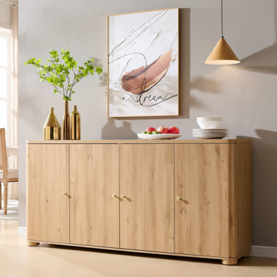 Buffet de cuisine en bois naturel, armoire de rangement incurvée pour bar à café, avec 4 portes d'armoire et tablettes, convient aux cuisines et aux salles à manger.
