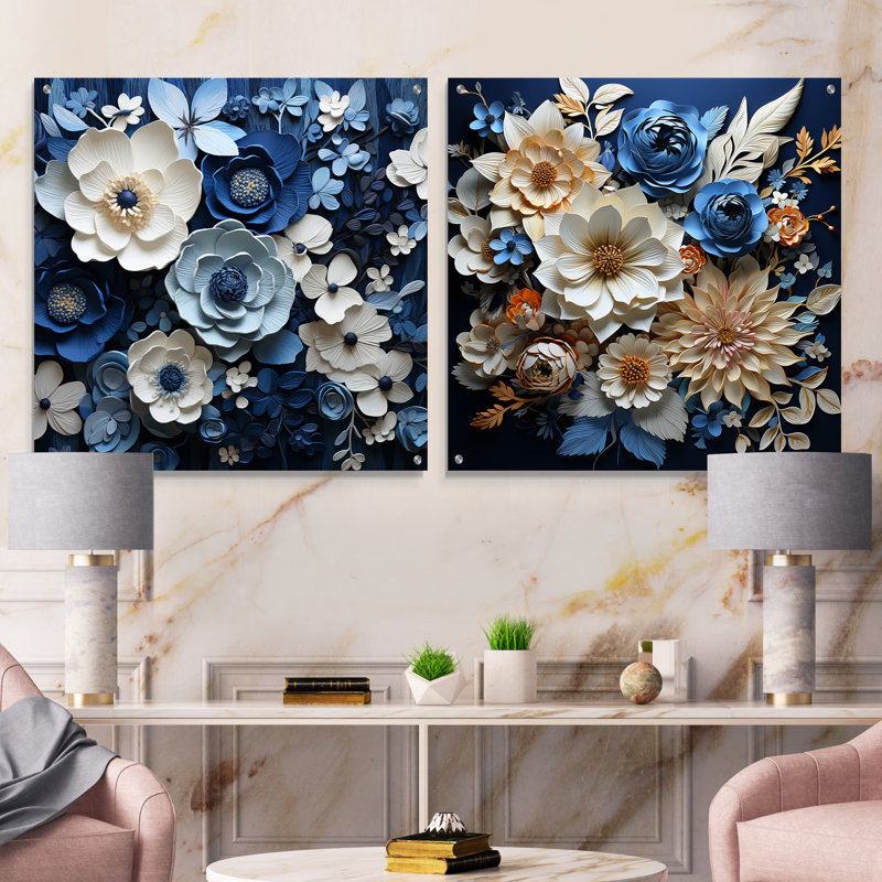 Ensemble de 2 peintures murales en acrylique bleu et blanc, H 36 po x l 73 po