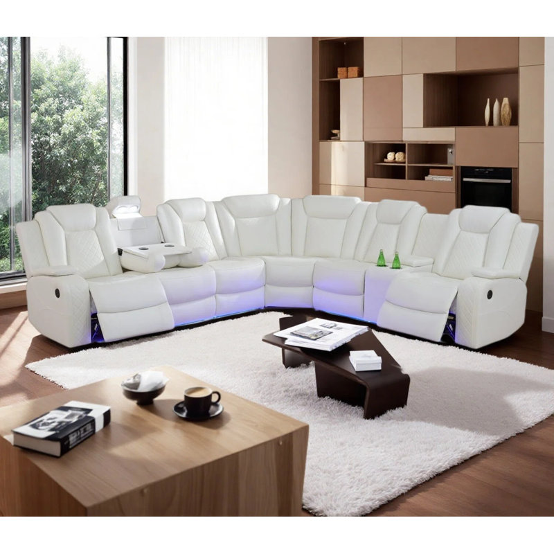Canapé modulaire inclinable manuel en cuir 3 pièces avec lumière DEL, Off-White Faux Leather